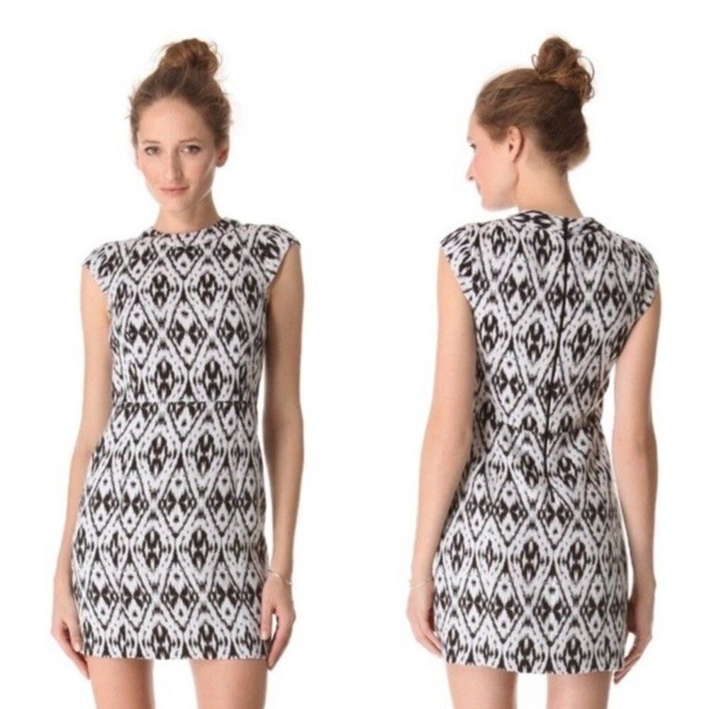 Theory Black White Ikat Diamond Print Cap Sleeve Mini Sheath Dress Size 12